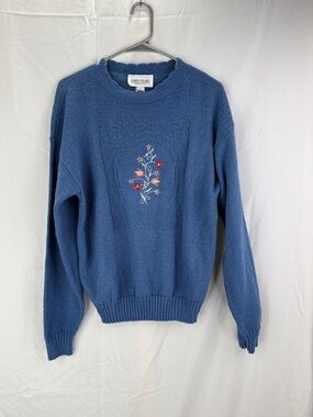 Carly Blake Women’s 100% Cotton Blue Floral Embroidered Crewneck Sweater Size L
